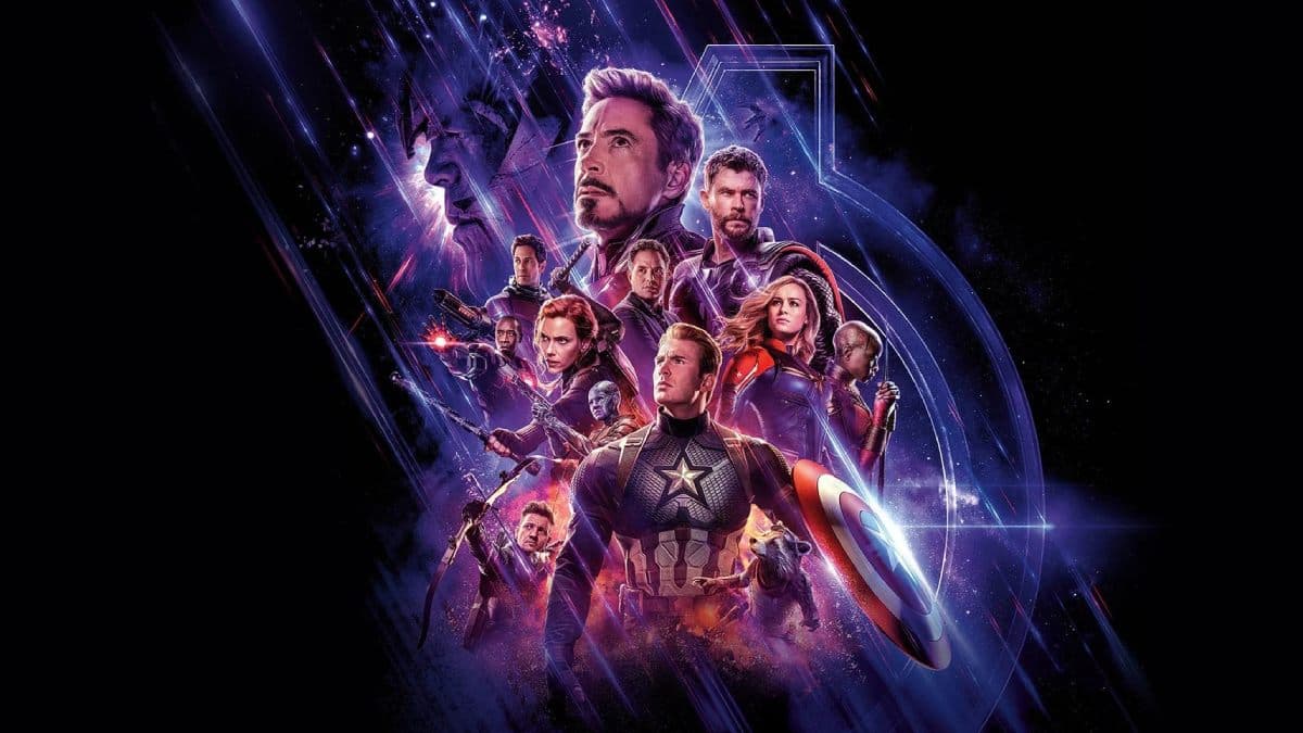 Poster of Avengers: Endgame Encore showing the original Avengers lineup with a new Doomsday teaser banner