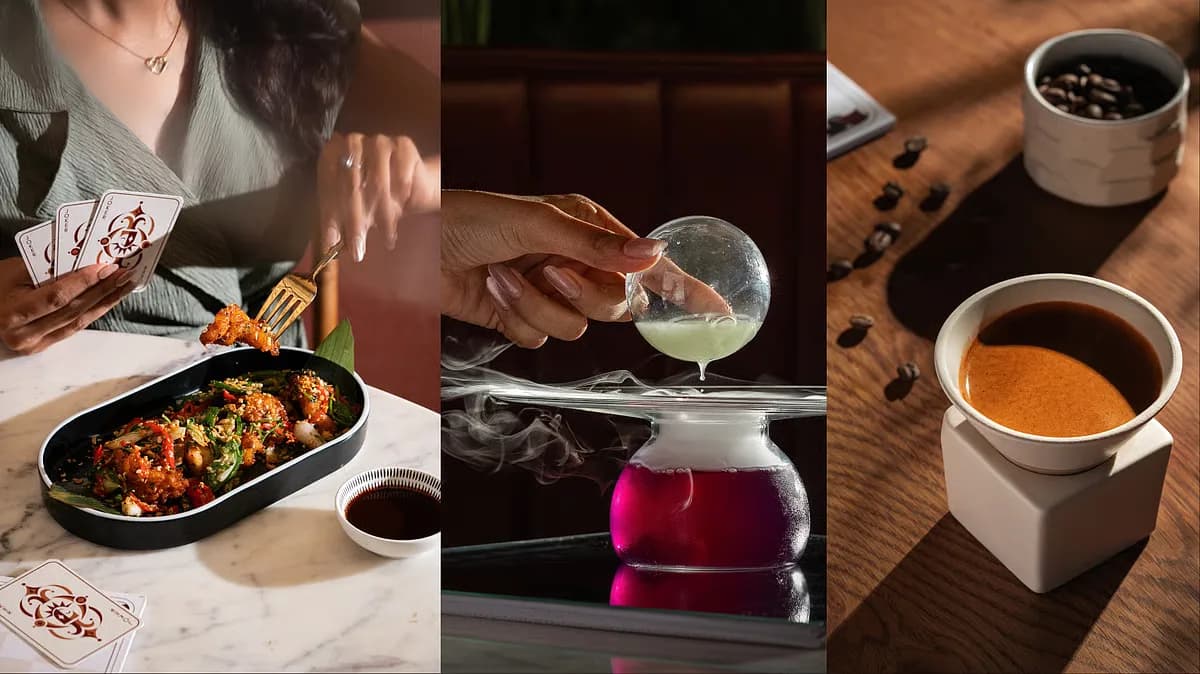 A plated dish and cocktail with dramatic presentation at Joker restaurant in Bandra West, Mumbai