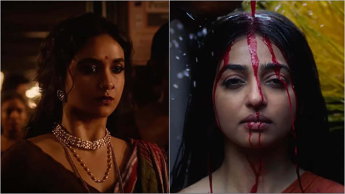 Radhika Apte stares into the camera, face half-shadowed, as Keerthy Suresh stands in a red coat, backlit by fire. The words 'Akka' flash across the screen in bold white letters.