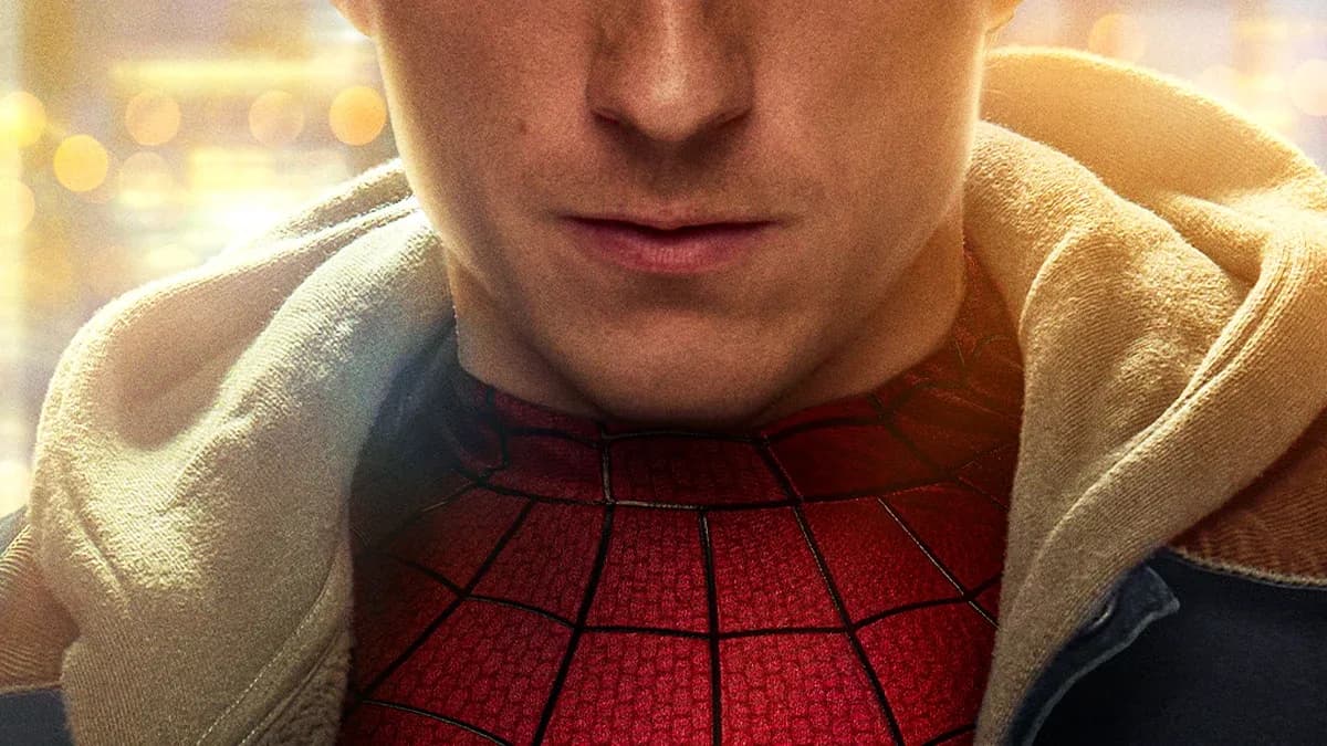 Tom Holland as Spider-Man in a red-and-blue suit, mid-leap against a city skyline.