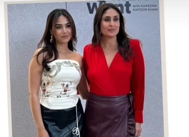 Mira Rajput smiles in a pastel outfit while filming her appearance on Kareena Kapoor Khan's talk show ‘What Women Want’