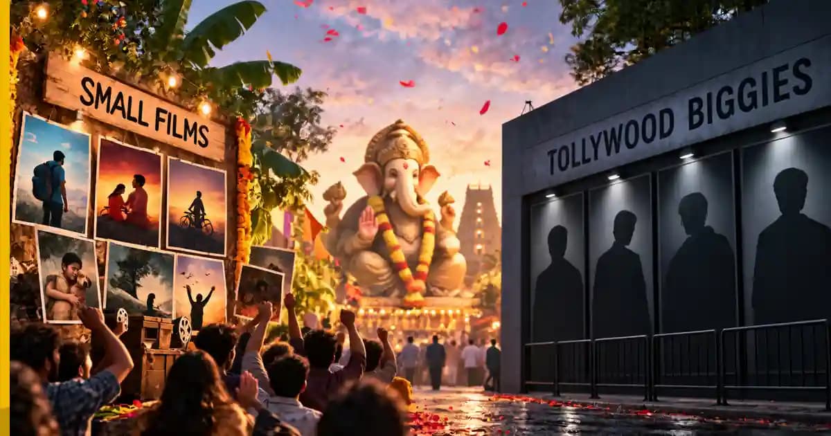 A Ganesh idol at a Vinayaka Chavithi pandal, representing the festival Telugu film teams typically use for promotions