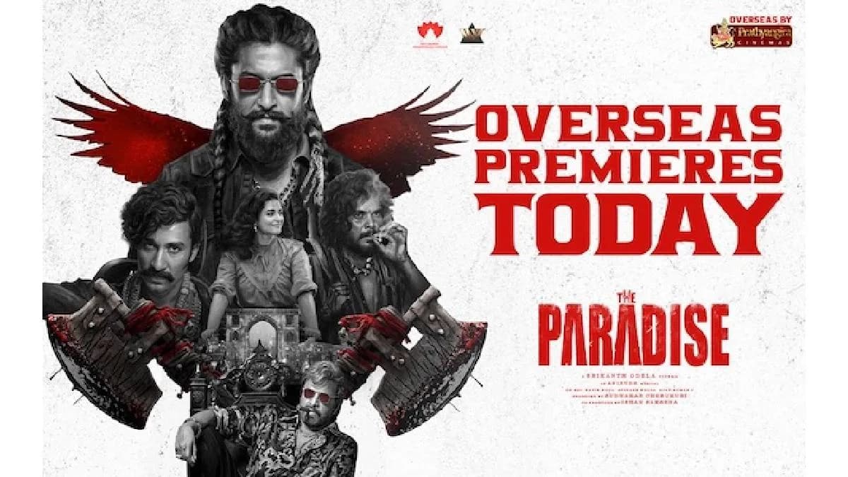 Poster of The Paradise featuring Nani against a dramatic backdrop, with the film title in bold lettering.