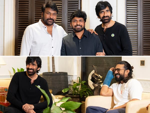 Chiranjeevi and Ram Charan pose with Ravi Teja, Shiva Nirvana and the Irumudi producers at a felicitation event.
