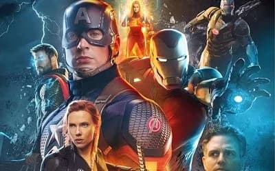 Poster of Avengers: Endgame Encore featuring the original cast with a banner highlighting added post‑credits scenes