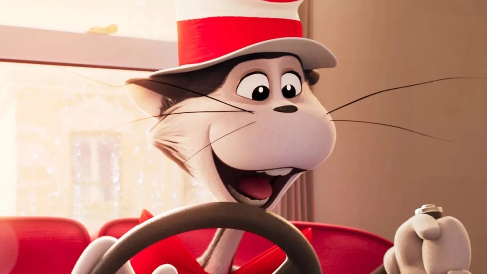 A stylised illustration of the Cat in the Hat in a red-and-white striped hat, standing on a floating top hat in a cartoonish cityscape.