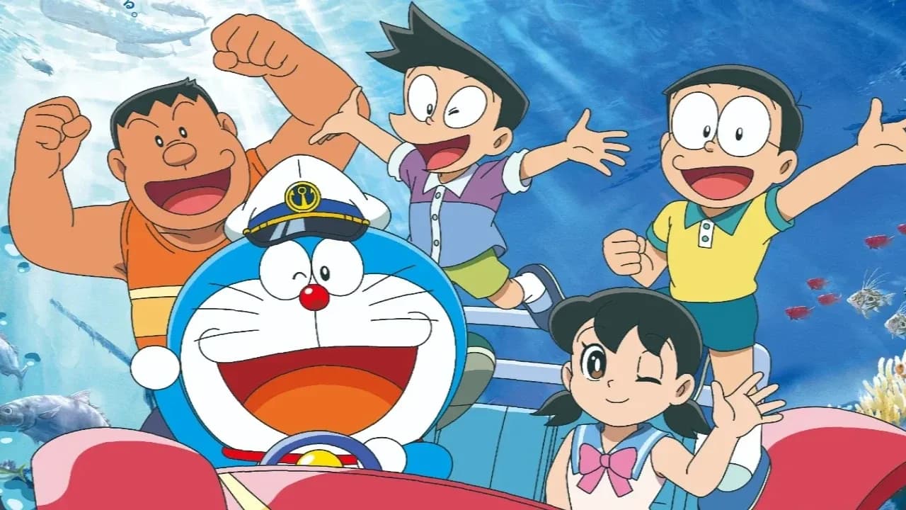 A stylised poster of Doraemon standing before a glowing, cracked underwater temple, with a shadowy figure of Poseidon rising behind him.
