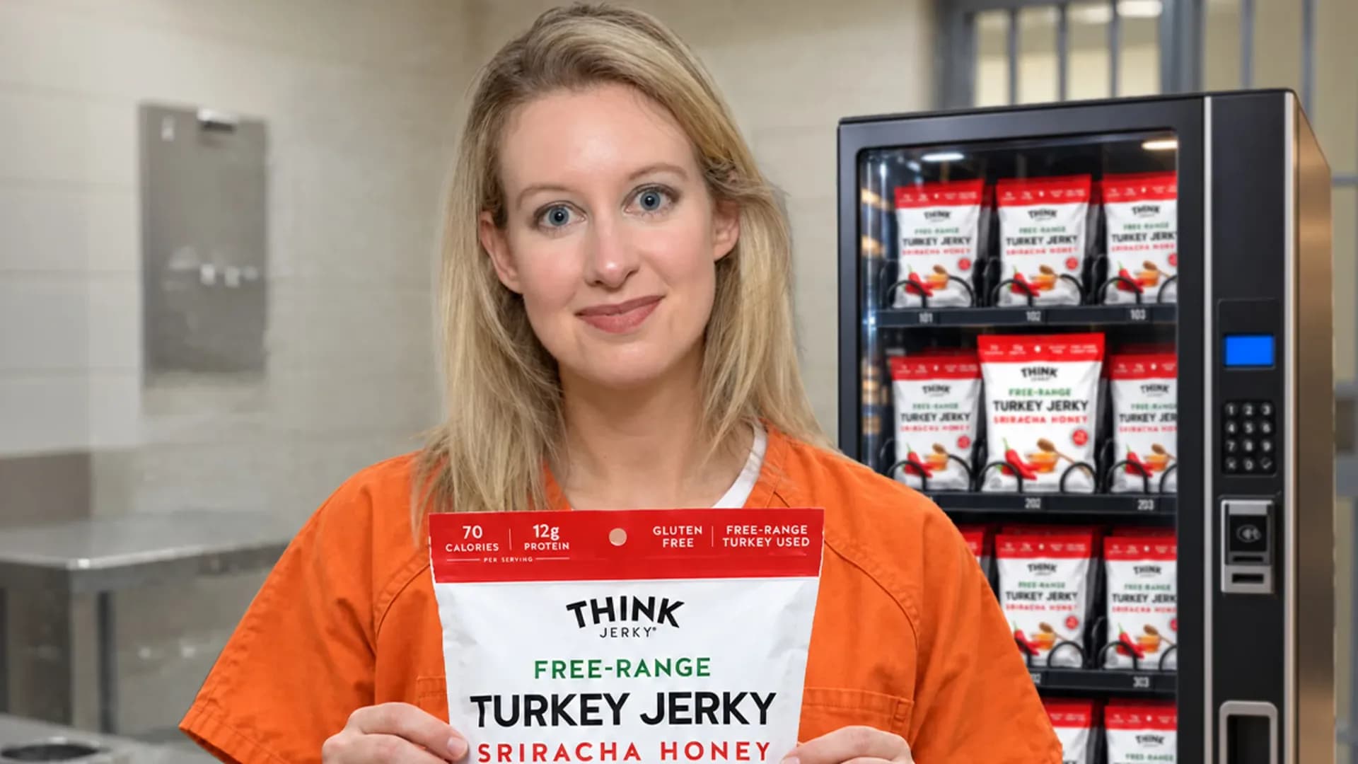 A close-up of a bag of Think Jerky Sriracha Honey Turkey Jerky, with a faint prison-style background overlay.