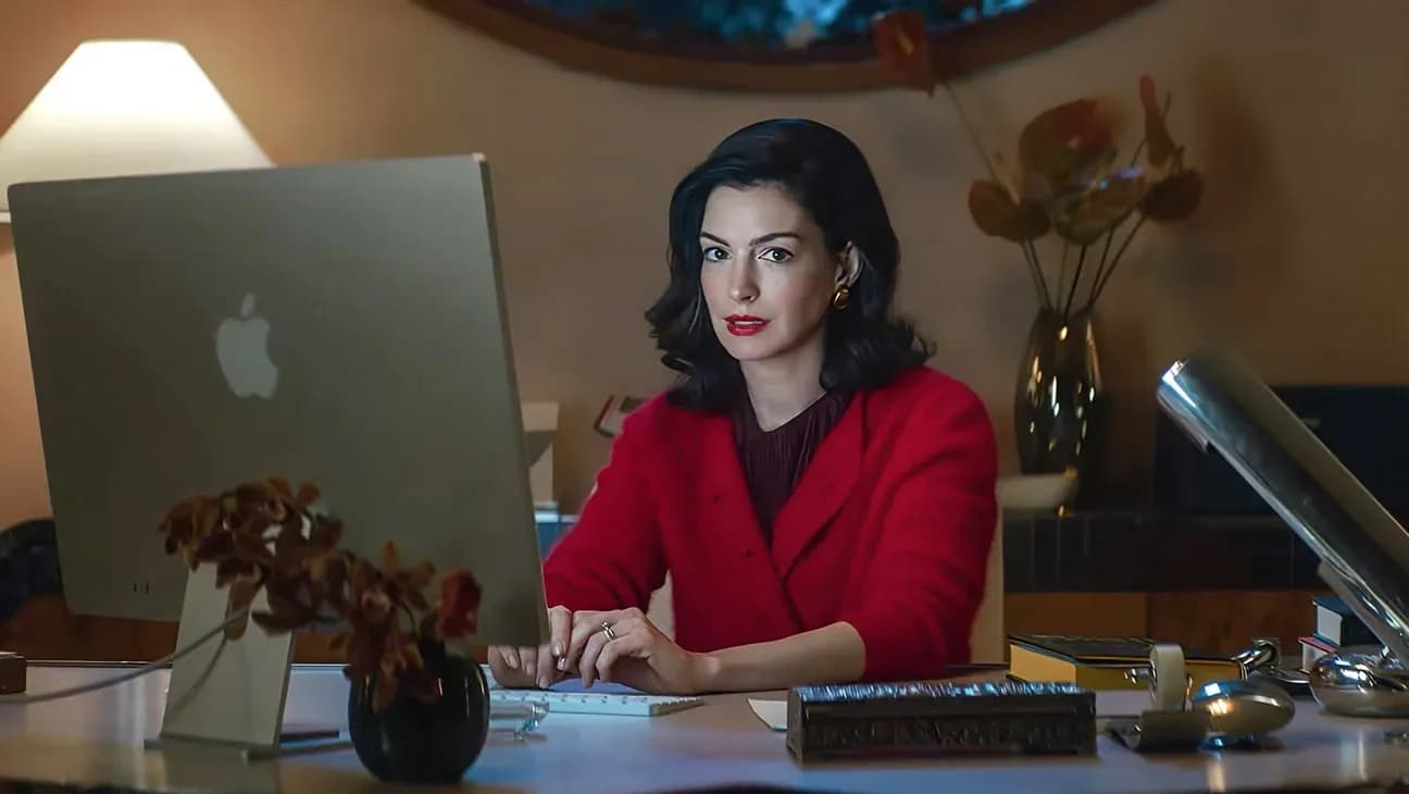 Anne Hathaway in character as Verity Crawford in a promotional still from the film Verity