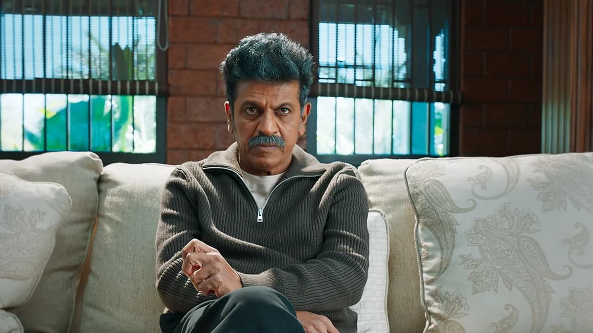 Shivarajkumar in a tense scene from *Bail*, eyes sharp, face lined with resolve.