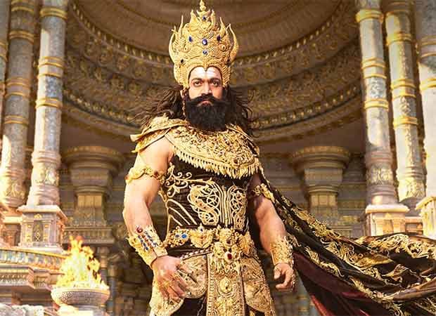 Yash wearing a golden crown and jewellery as Ravana in the new Ramayana poster
