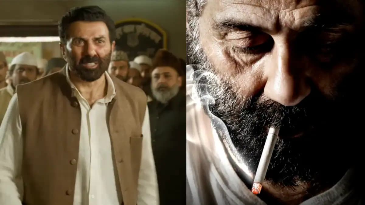 Sunny Deol in a motion poster for Suryaa, smoking a cigarette, looking intense under dim lighting.