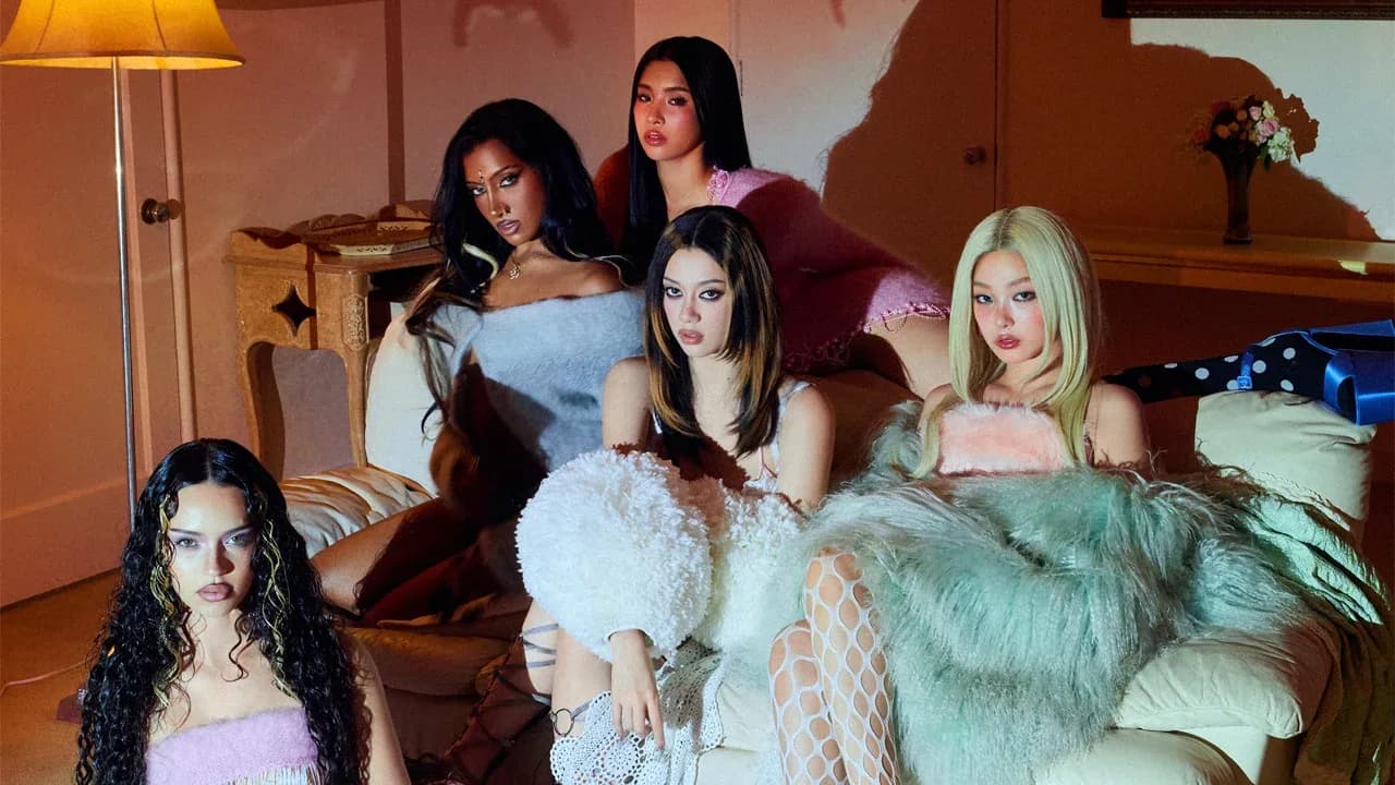 Promotional image for KATSEYE: Wild Hearts documentary featuring the group's five members