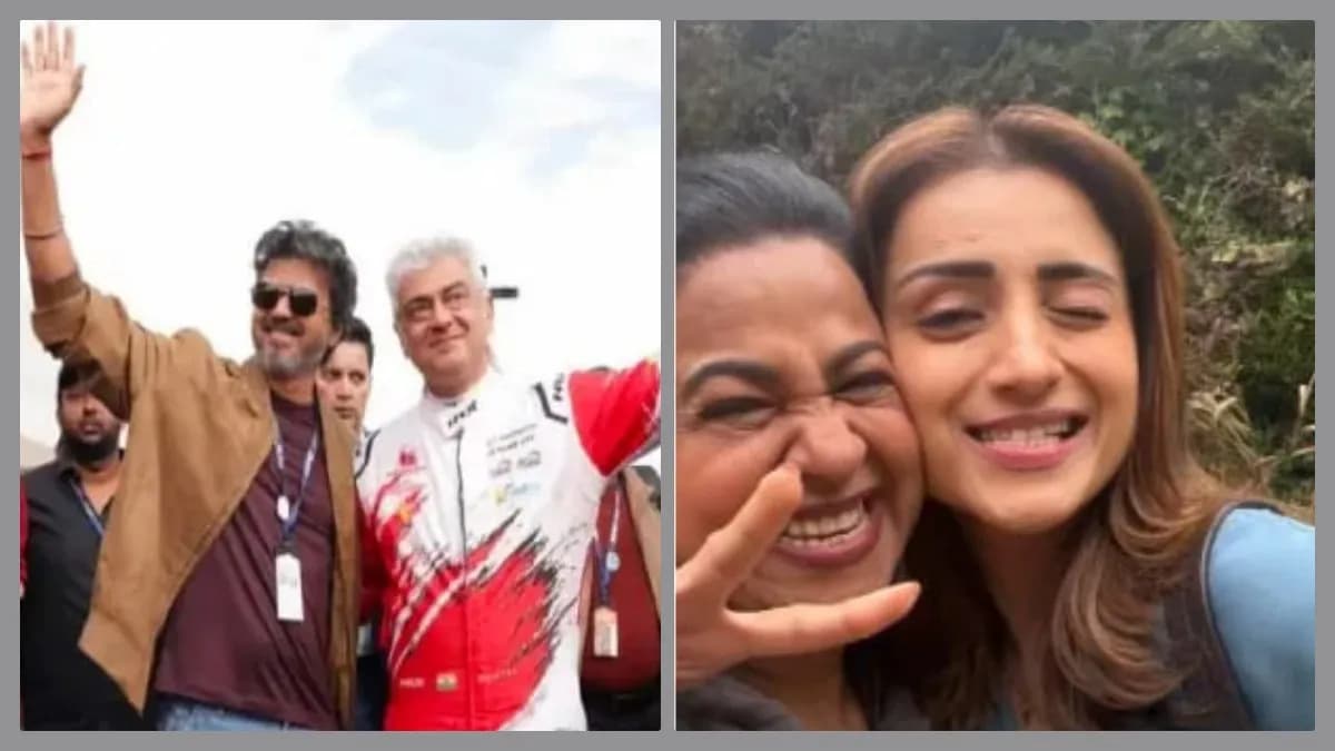 Actress Trisha Krishnan smiling in a selfie with actress Radhika Sarathkumar, reportedly taken in London.