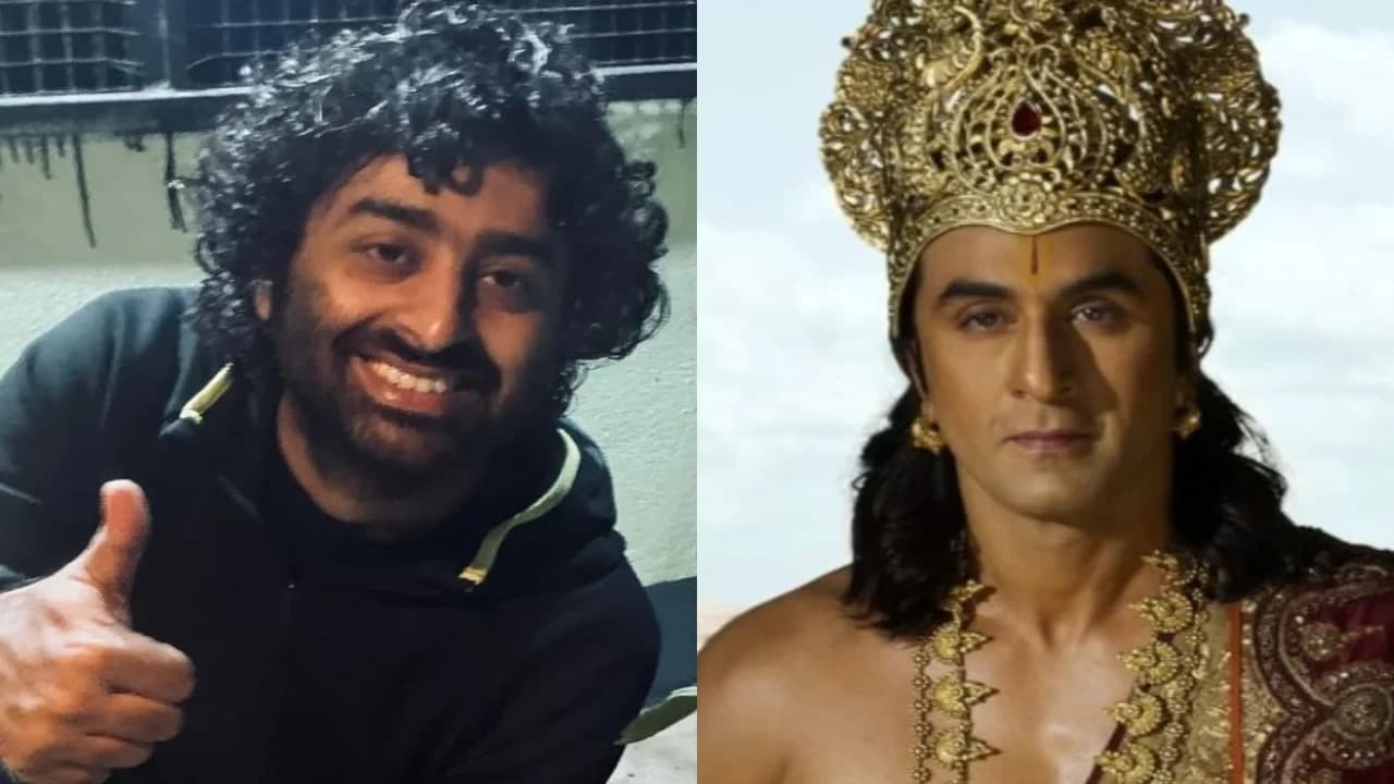 Arijit Singh in a recording session, alongside a promotional still from Ramayana showing Ranbir Kapoor as Lord Rama