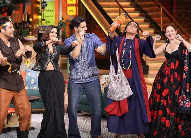 Sidharth Malhotra, Tamannaah Bhatia and the cast of The Vvaan seated with Kapil Sharma on The Great Indian Kapil Show set.