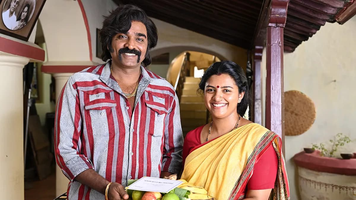 Vijay Sethupathi in character as the gangster Baththa in a scene from the film Baththa