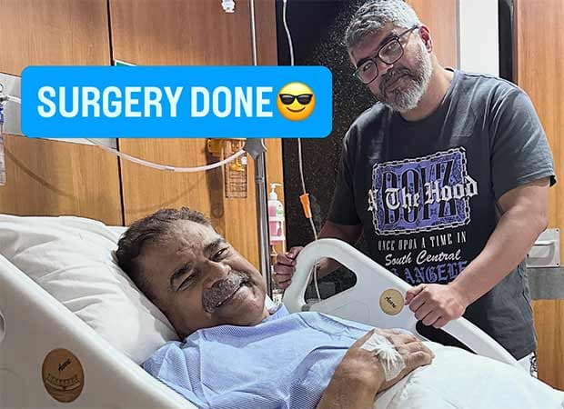 Sharat Saxena smiling in a hospital bed after spine surgery, part of an Instagram montage he shared with fans.