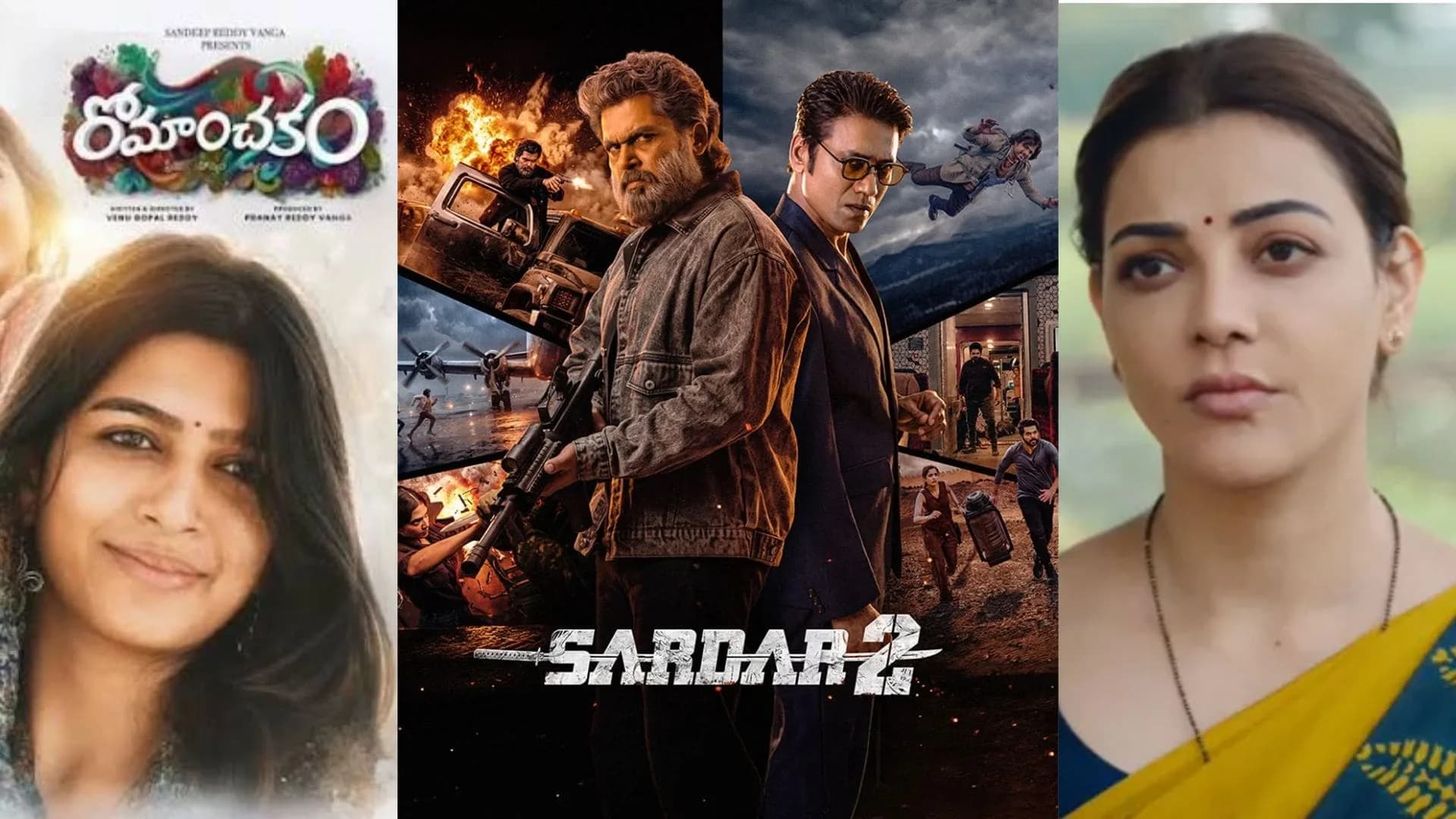 Poster collage showing Karthi, Kajal Aggarwal and Sumanth Prabhas for their respective OTT releases.