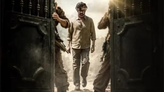 Rajinikanth in Jailer 2 trailer, wearing a worn-out jacket, standing defiantly in a crowded street, surrounded by chaos.