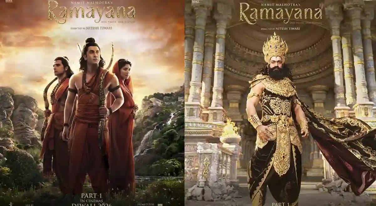Poster of Ramayana featuring Ranbir Kapoor as a divine figure, Sai Pallavi and Ravi Dubey in a forest setting, and Yash dressed as a jeweled Ravana.