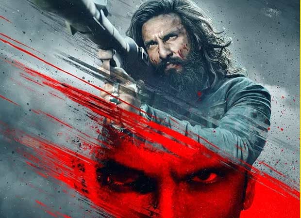 Ranveer Singh in a dark suit, standing in front of a glowing red door, eyes sharp, background blurred. A title card reads 'Dhurandhar The Revenge'.