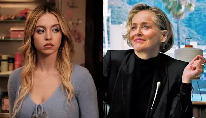 Sharon Stone and Sydney Sweeney pictured separately at public appearances.