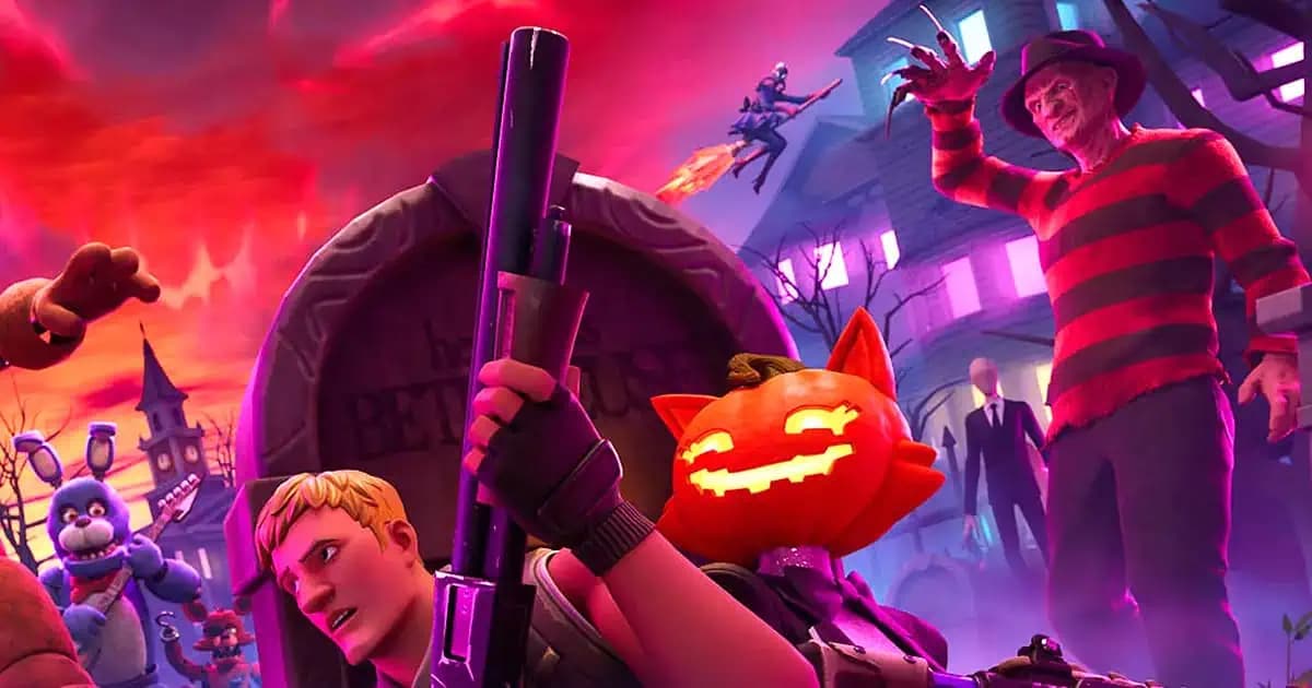 Key art for Fortnite's Fortnitemares 2026 event showing horror-themed character skins including a Freddy Krueger design.
