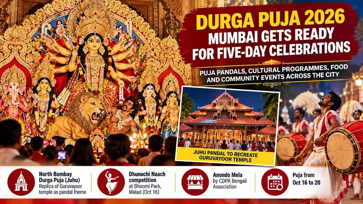 A detailed replica of the Guruvayoor Temple inside a Durga Puja pandal in Juhu, Mumbai, with traditional idols and lighting.