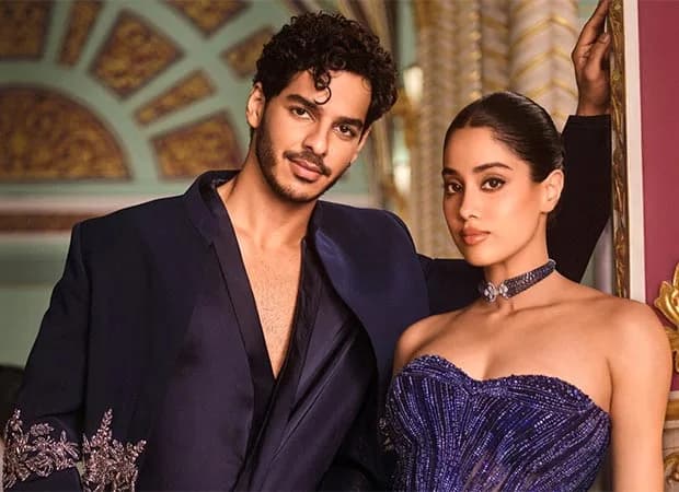Janhvi Kapoor and Ishaan Khatter pose in KALKI's Celestial Nights couture, surrounded by star-like embellishments
