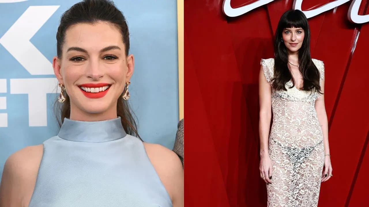 Anne Hathaway and Dakota Johnson sharing an intimate moment on the set of Verity