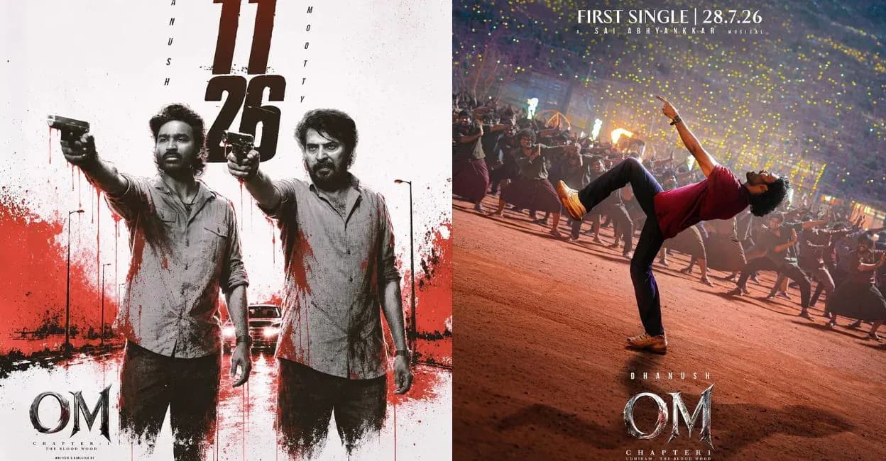 Mammootty and Dhanush standing together on a film set, smiling at the camera