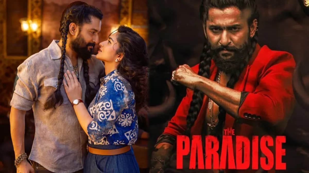 Poster of The Paradise showing Nani in a rugged pose with a backdrop of Hyderabad's historic district