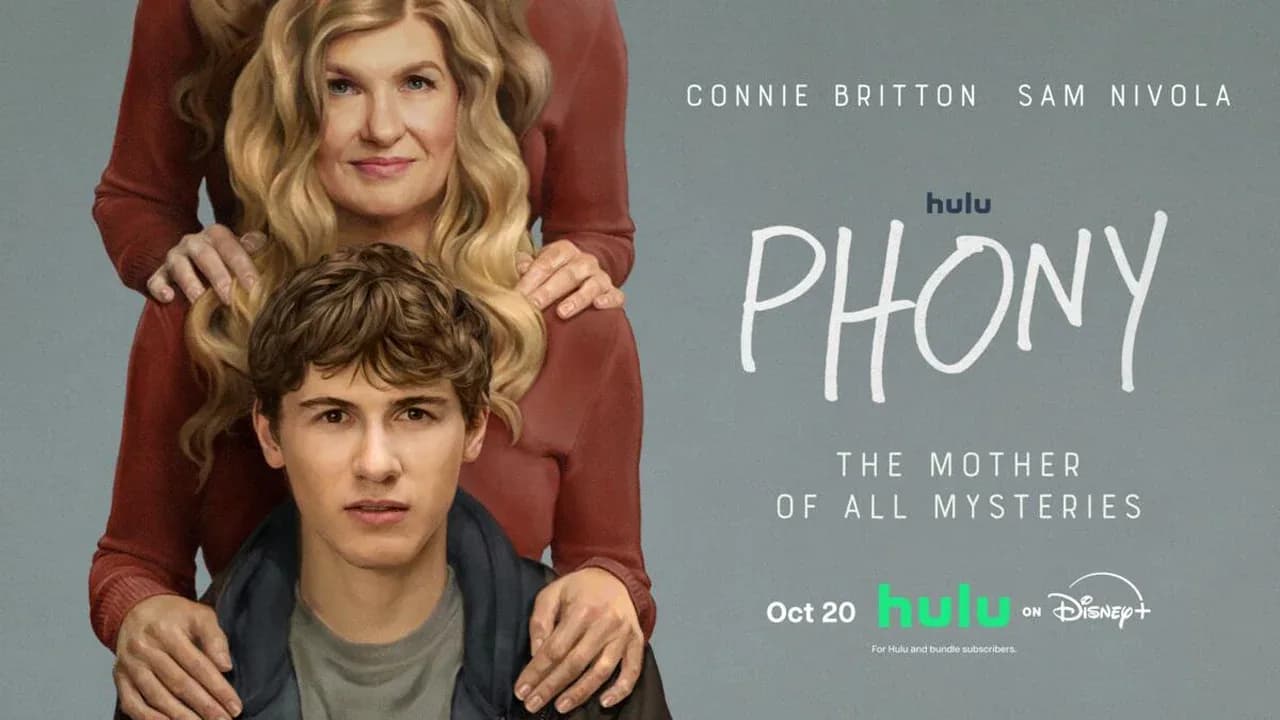 Poster image showing Connie Britton and Sam Nivola from Hulu series Phony