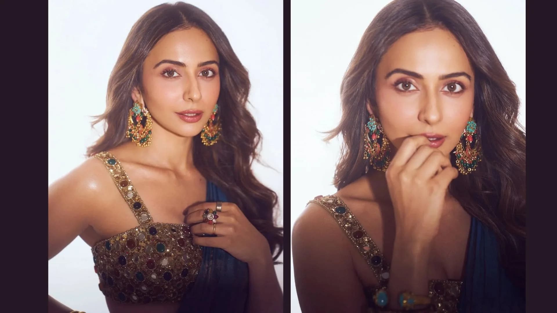Rakul Preet Singh in a dramatic pose from the Ramayana trailer, face partially obscured, one side showing a visible injury.