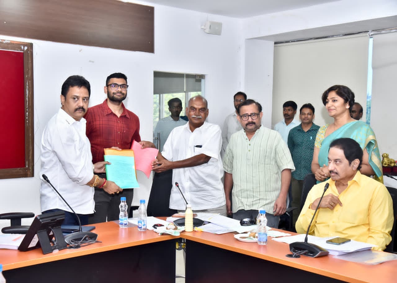 Portrait of Nana Patekar and Singeetham Srinivasa Rao displayed at APFDC meeting hall in Vijayawada