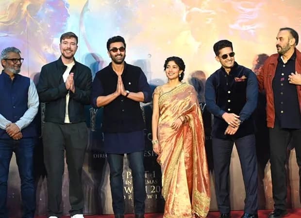 MrBeast poses on the red carpet with the Ramayana cast including Ranbir Kapoor, Sai Pallavi, Ravi Dubey and director Nitesh Tiwari.