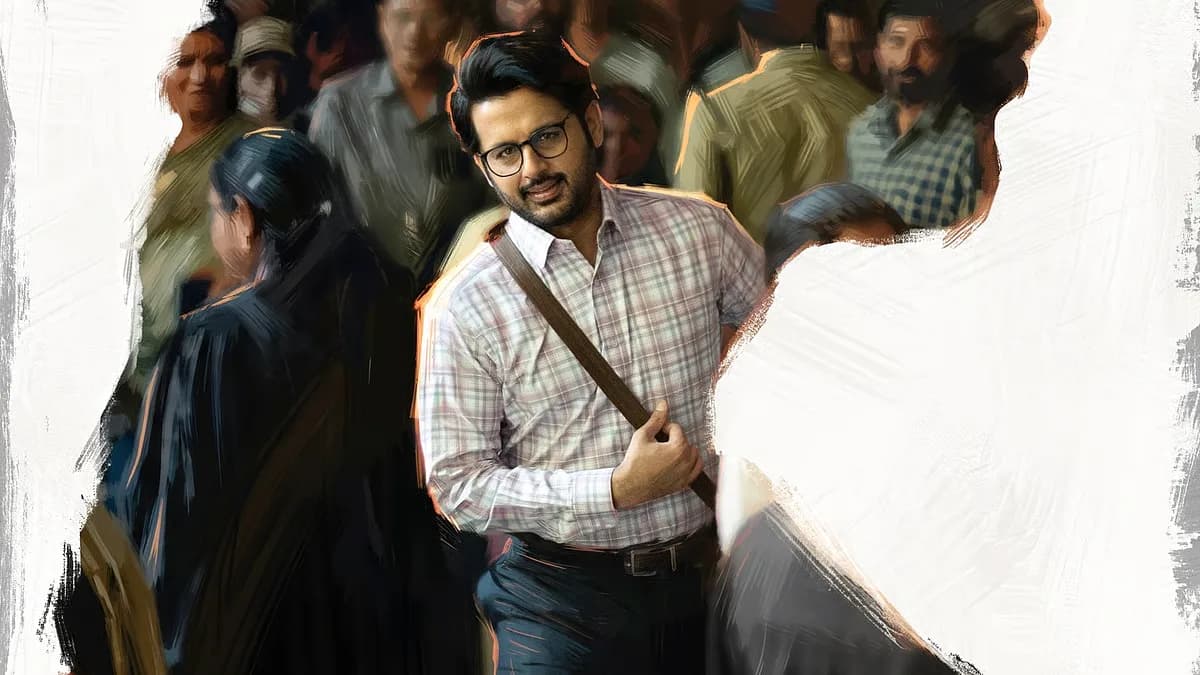 A blurred image of Nithiin standing in a crowd at a court, surrounded by lawyers and police officers, with a faint silhouette of a woman in the background.