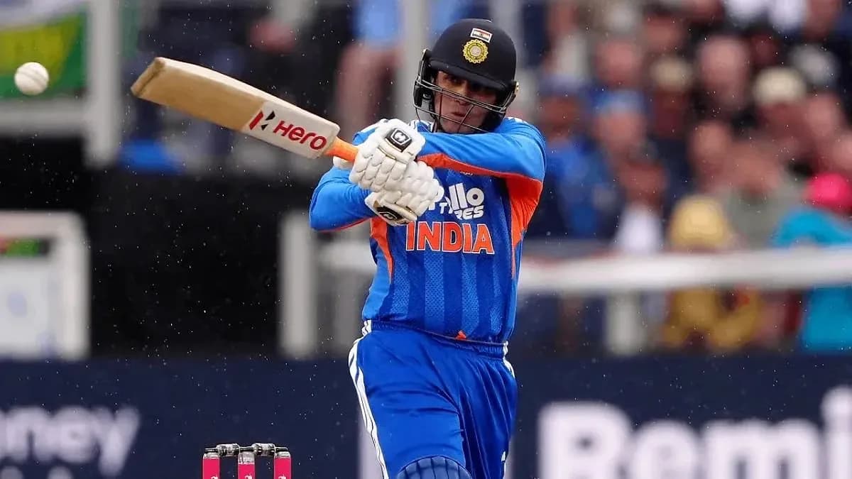 Abhishek Sharma celebrates after hitting a six during the Asian Games 2026 men's cricket final.