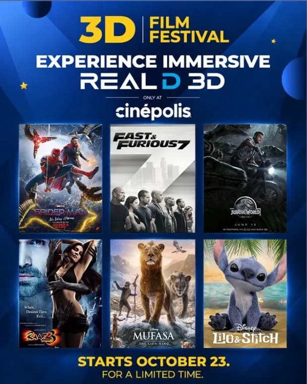 A cinema screen showing a 3D image of Spider-Man leaping through a cityscape, with the words '3D Film Festival' overlaid in bold.