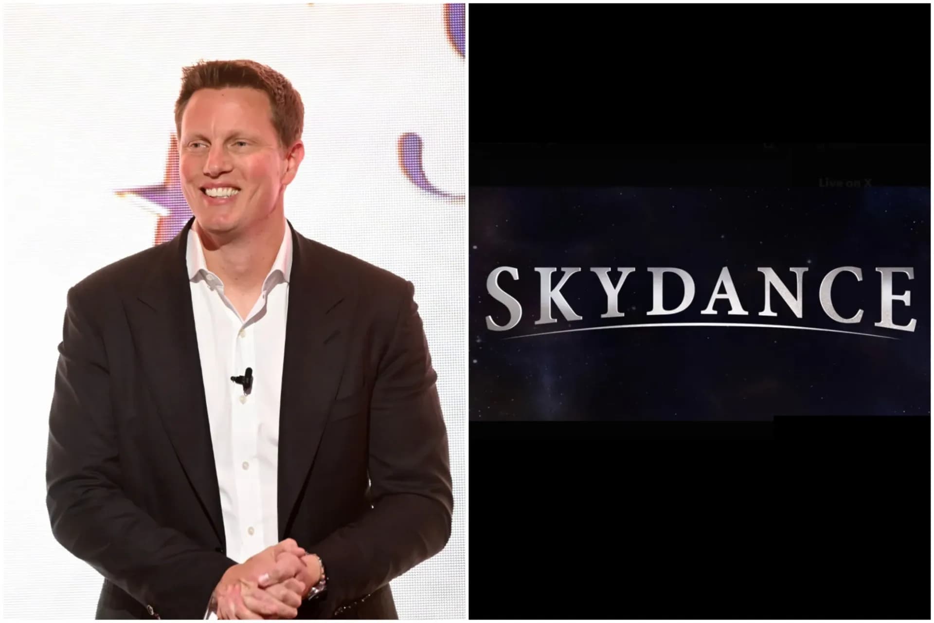 A stylized 'SKYD' logo with a rocket launching through a galaxy of film reels and streaming icons.