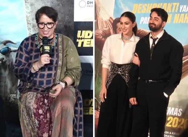 Ayushmann Khurrana and Sara Ali Khan pose at the Udta Teer trailer launch in Mumbai, with a backdrop of the film’s poster.