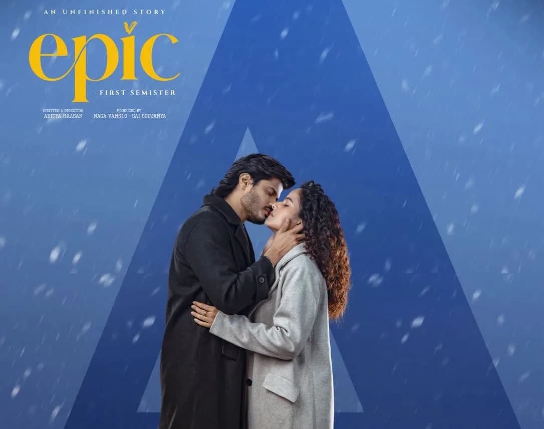 A still from Epic – First Semester featuring Anand Deverakonda and Vaishnavi Chaitanya, looking out over a London skyline.