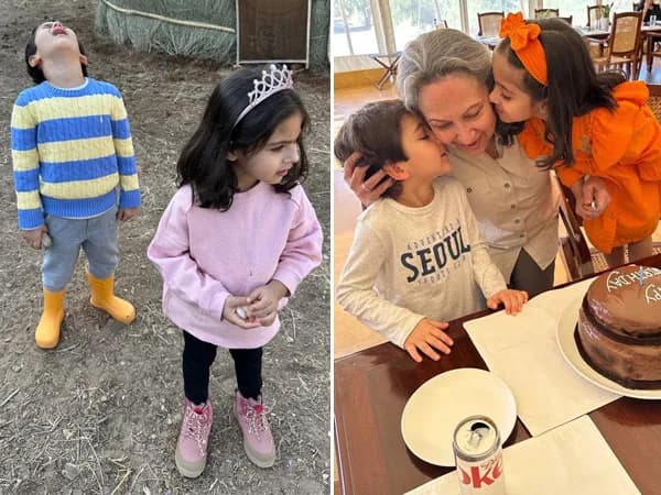 Kareena Kapoor Khan holding her niece Inaaya Naumi Kemmu on her ninth birthday, surrounded by cousins Taimur and Jeh and grandmother Sharmila Tagore