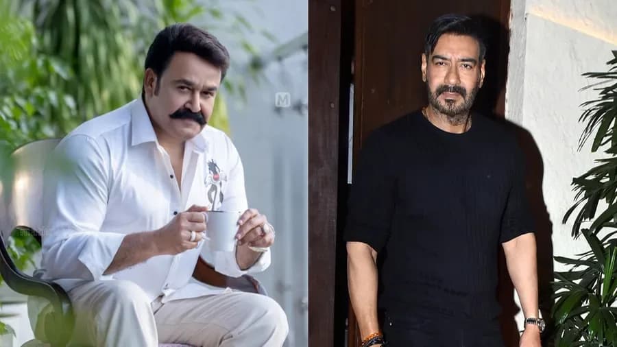 Ajay Devgn and Mohanlal in a split image referencing Drishyam: The Conclusion