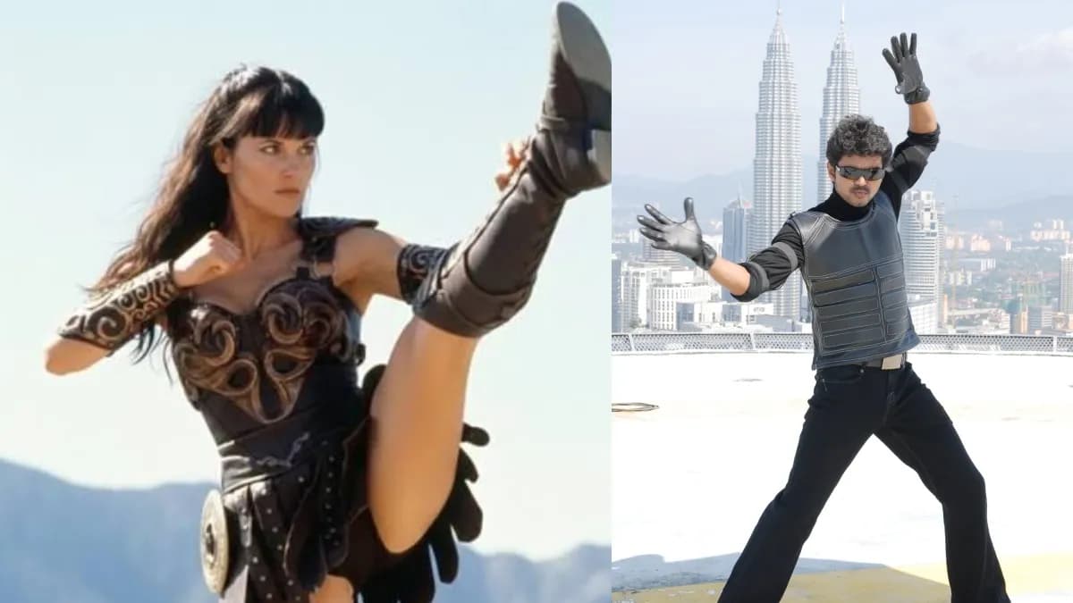 A promotional still from the Tamil film Kuruvi showing actor Vijay in a stunt sequence, alongside an image referencing the TV show Xena: Warrior Princess