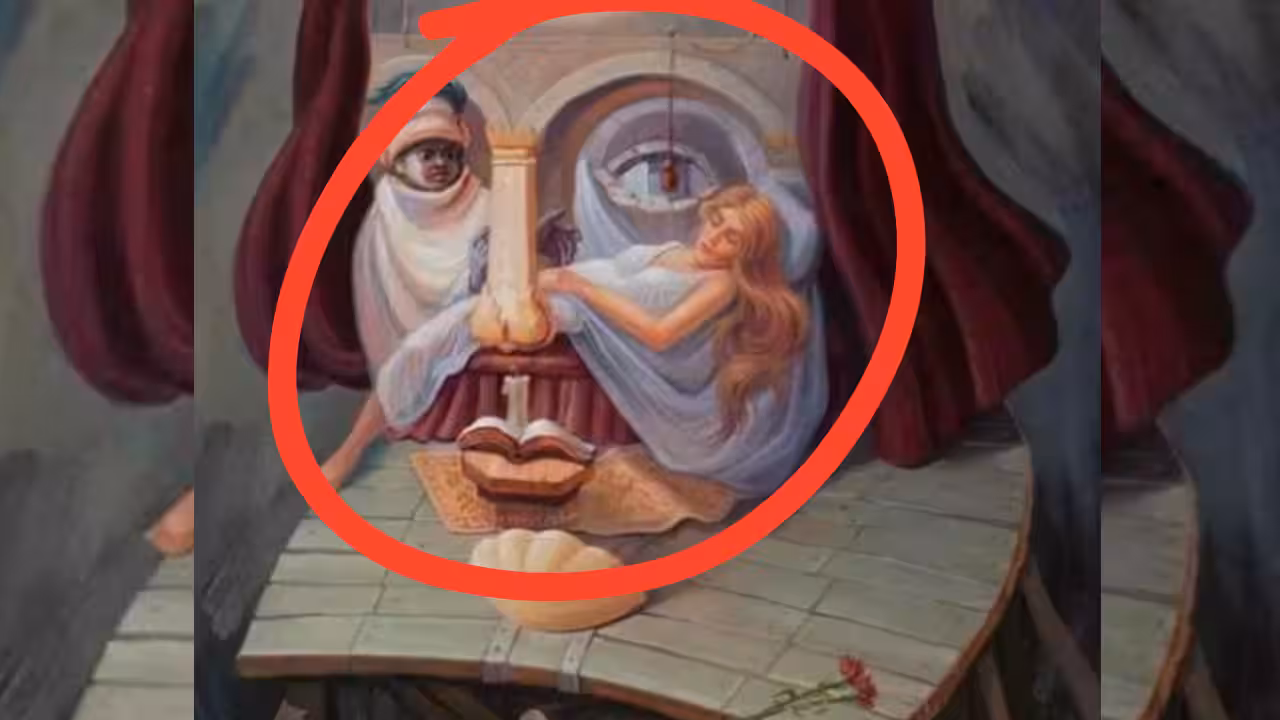 A split‑image painting by Oleg Shupliak titled “On the Stage – Shakespeare” that hides a hidden face of the playwright within a theatrical scene.
