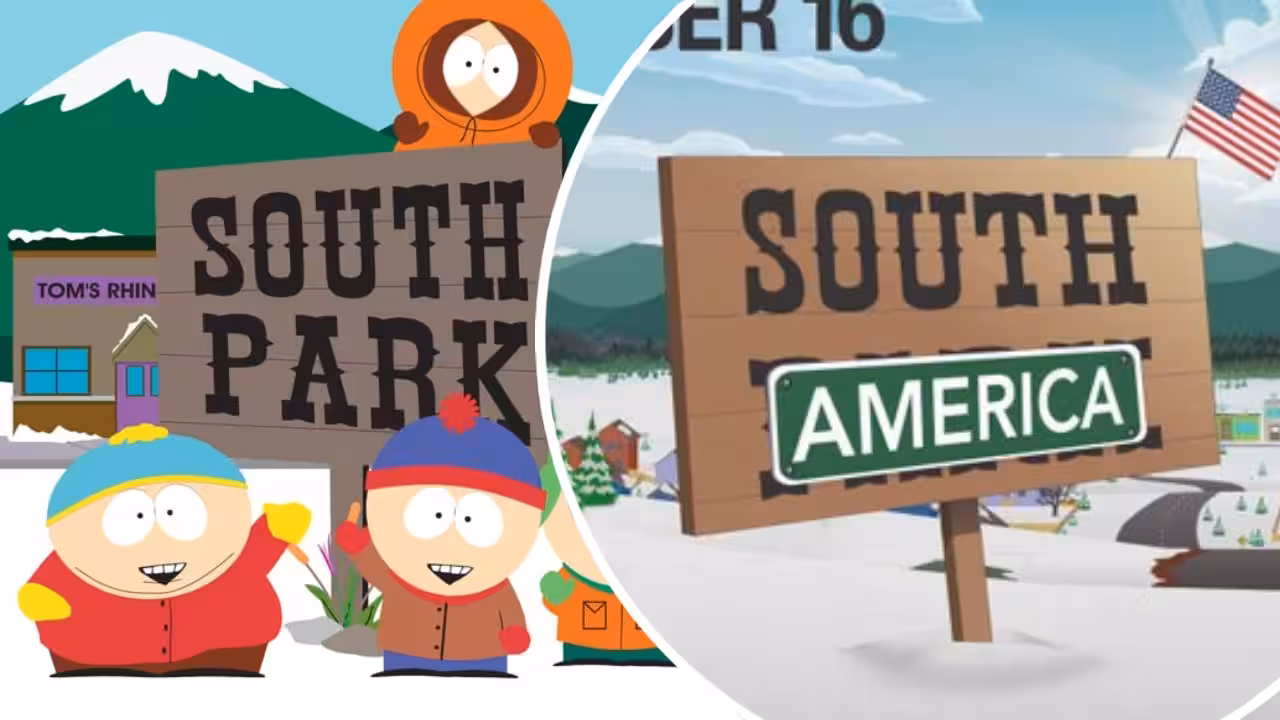 South Park's altered logo reading SOUTH AMERICA instead of South Park