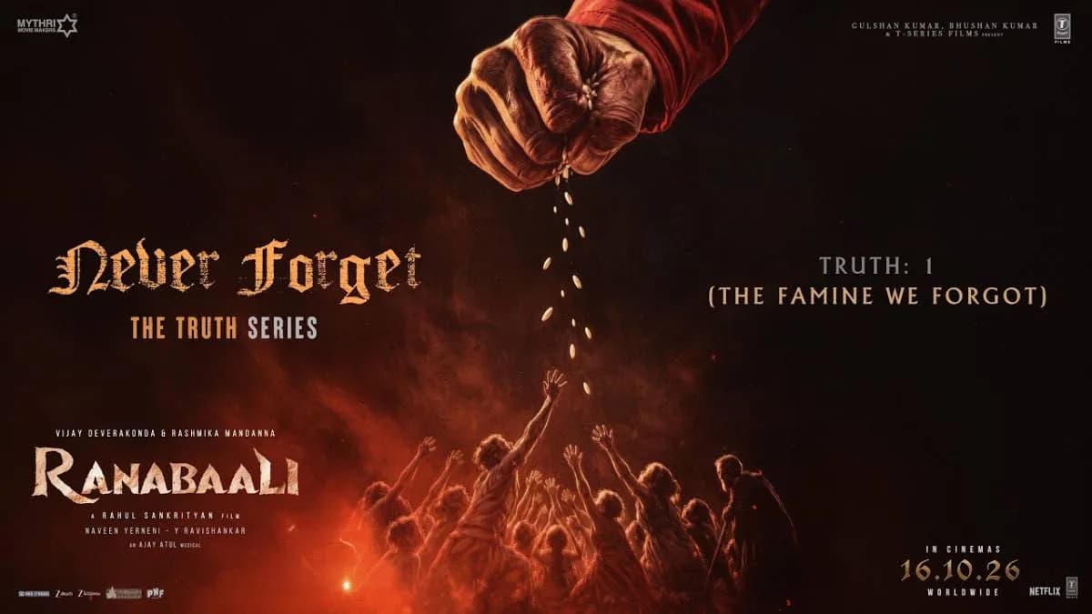 Screenshot of the Never Forget The Truth documentary poster featuring Vijay Deverakonda and Rashmika Mandanna against a 19th century backdrop
