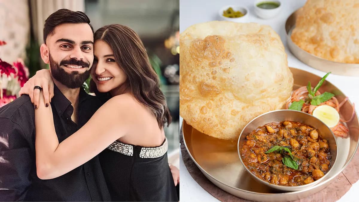 Anushka Sharma holding a plate of chole bhature beside a screenshot of her Instagram post featuring the dish.